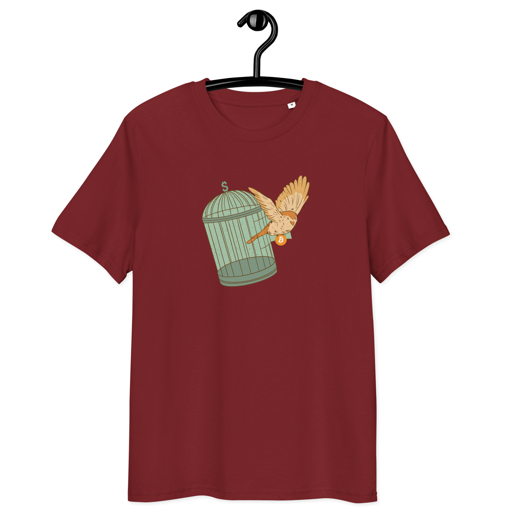 Front view of a burgundy bitcoin t-shirt.