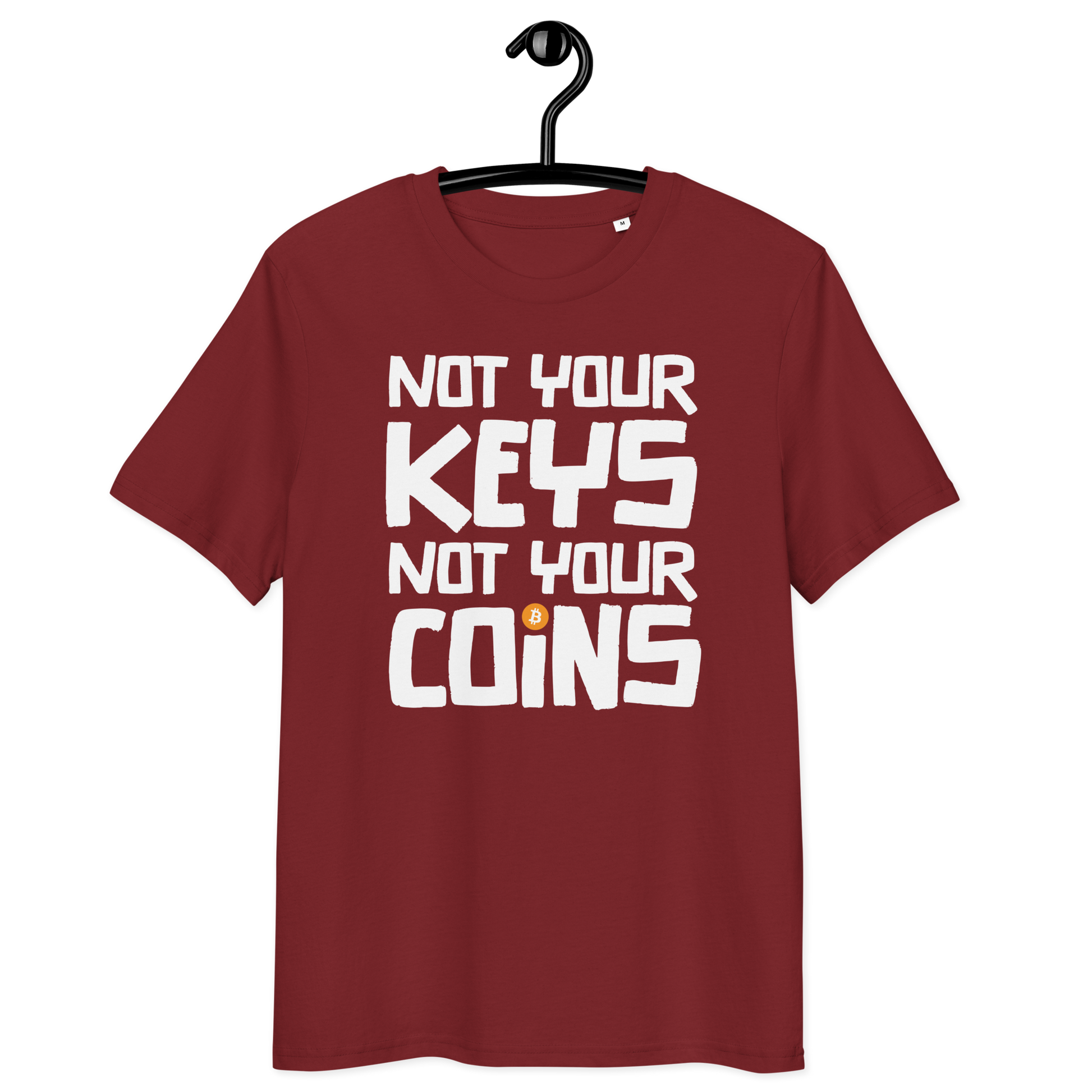 Front view of a burgundy bitcoin t-shirt.