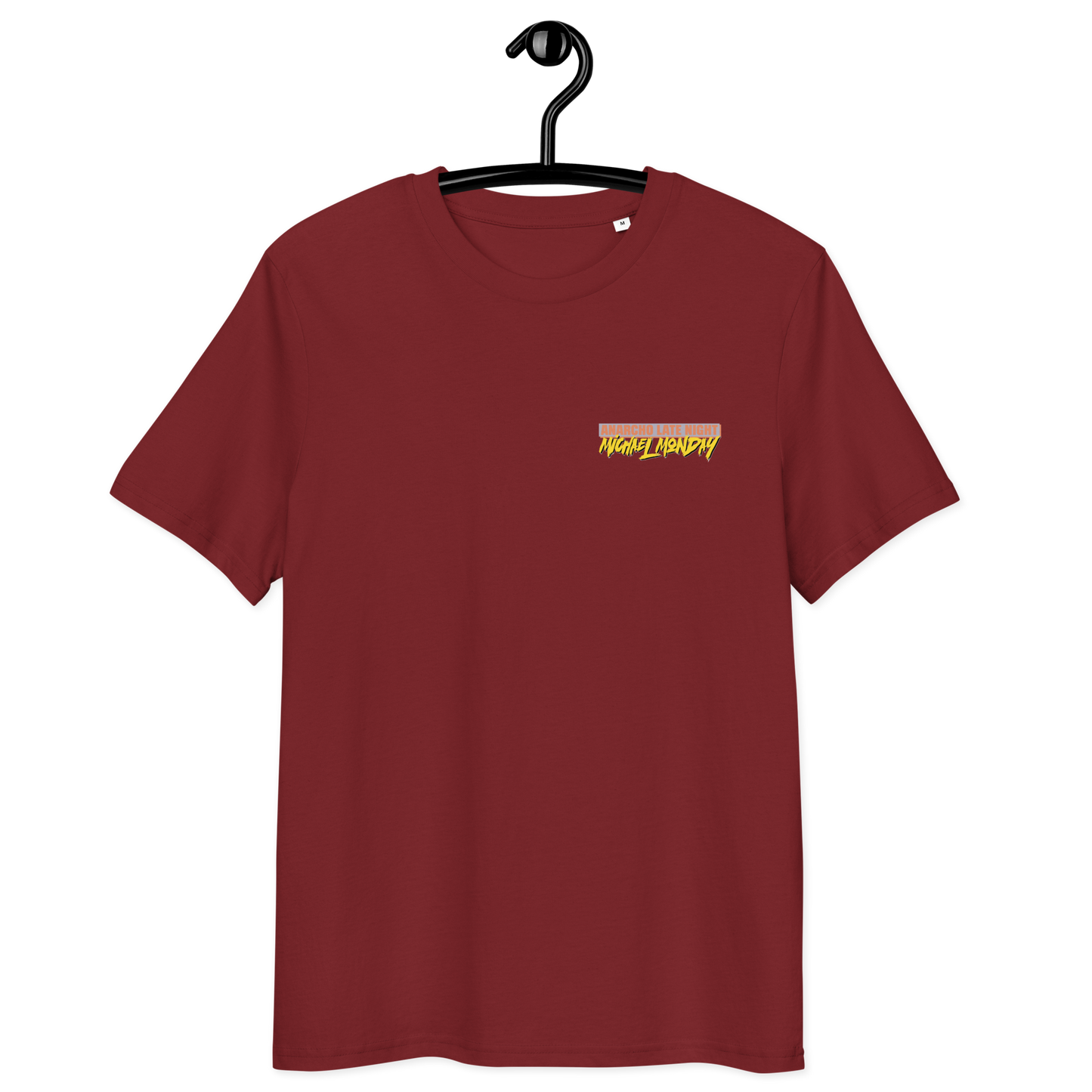 Front view of a burgundy aln t-shirt.