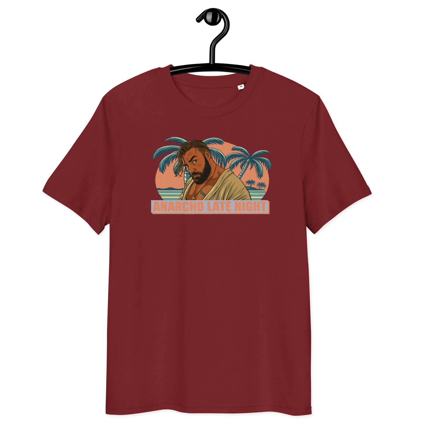 Front view of a burgundy aln t-shirt.