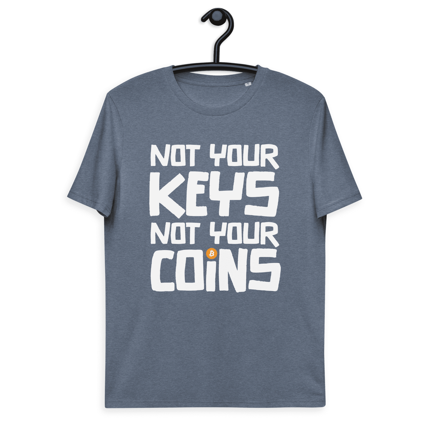Front view of a heather blue bitcoin t-shirt.