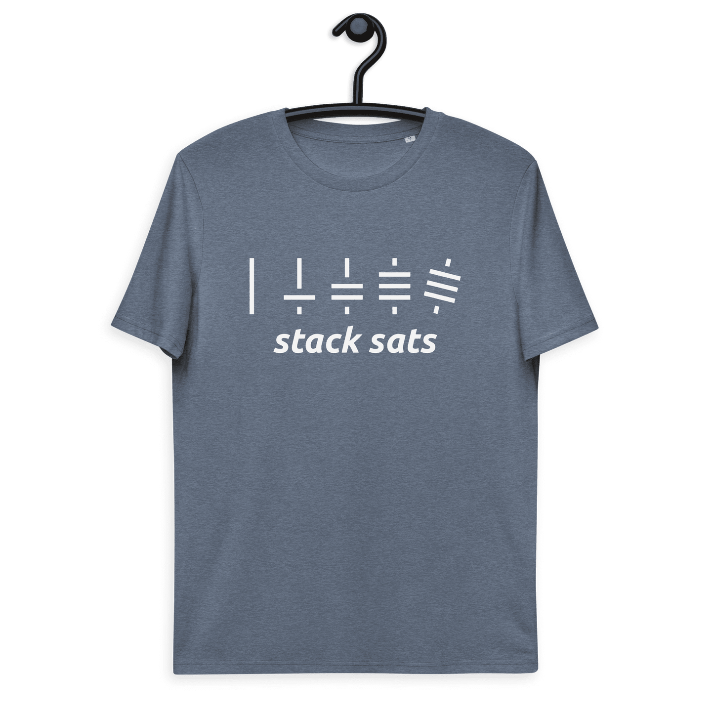 Front view of a heather blue bitcoin t-shirt.