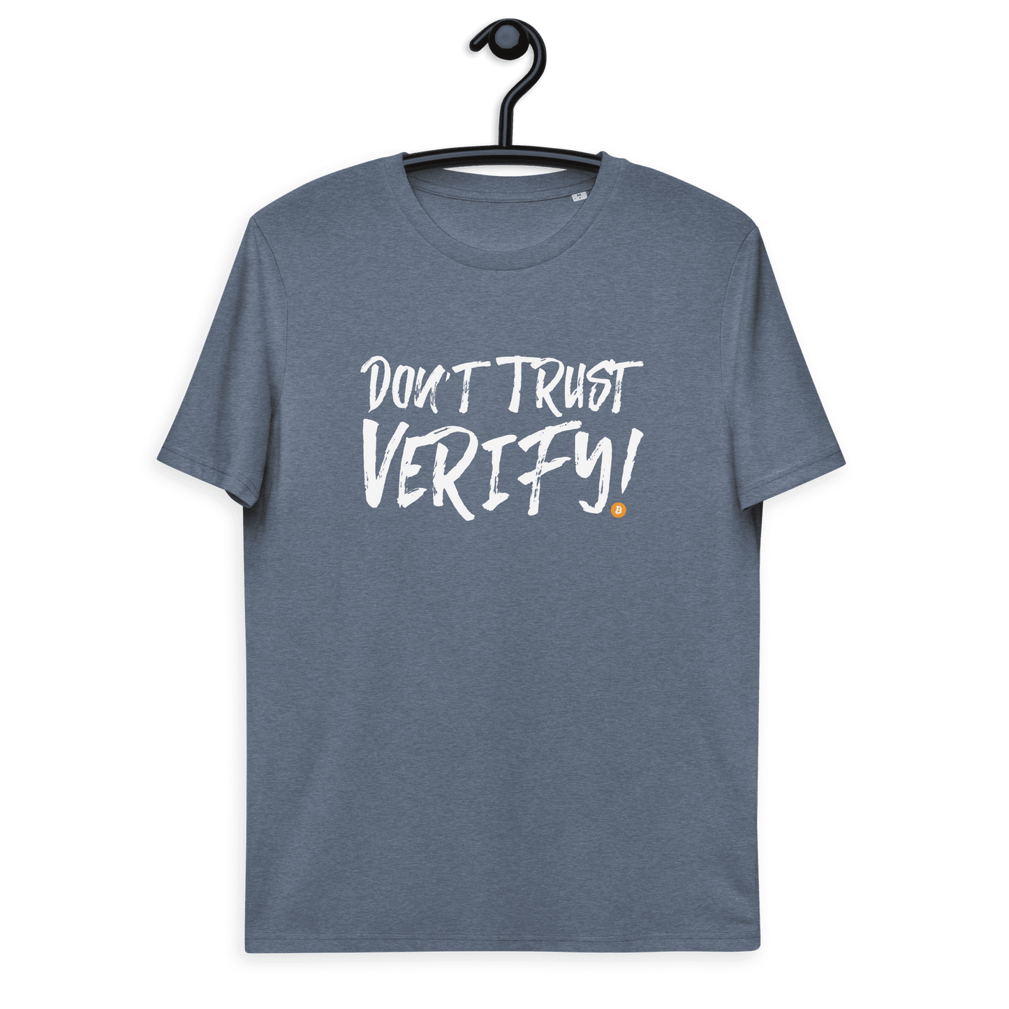 Front view of a heather blue bitcoin t-shirt.