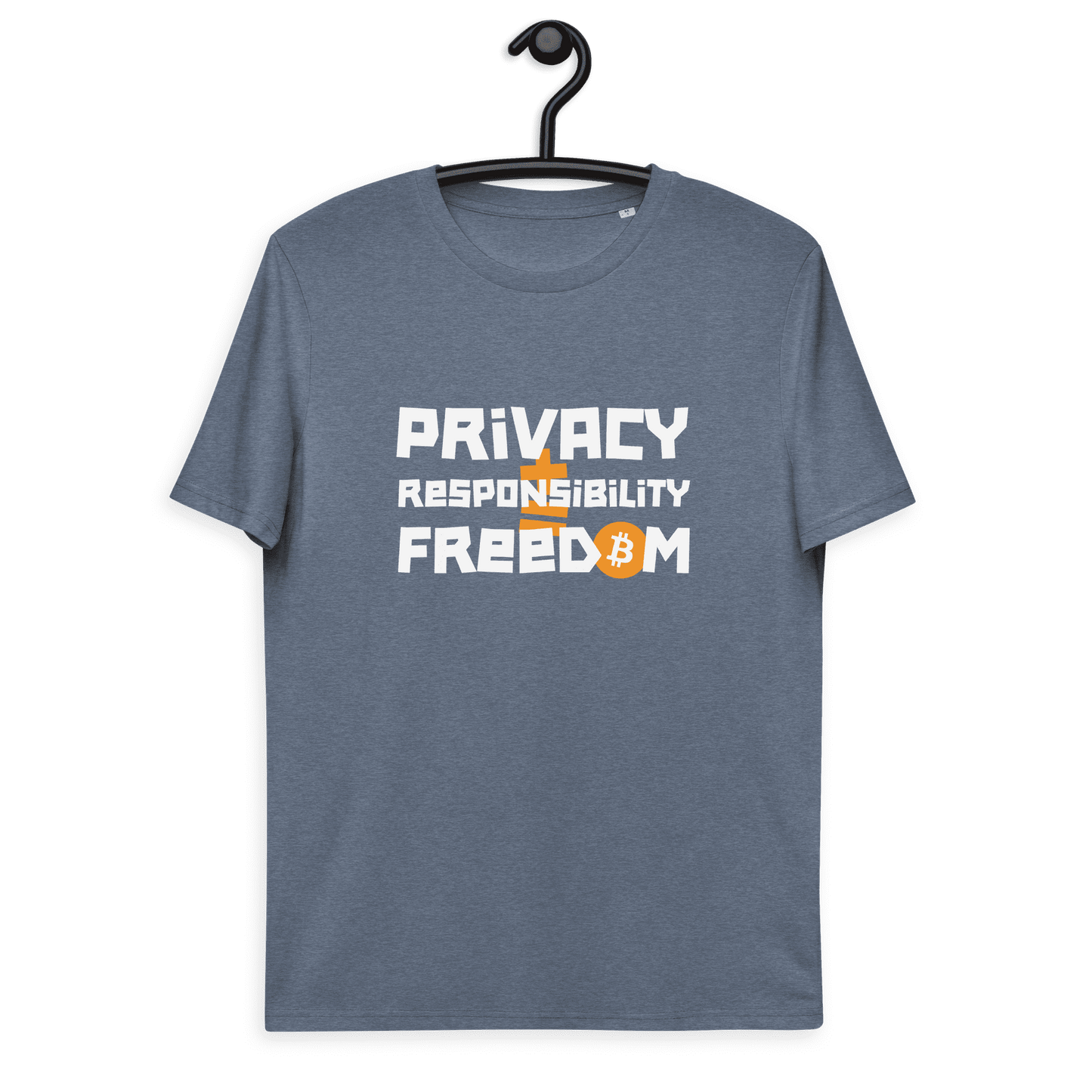 Front view of a heather blue bitcoin t-shirt.