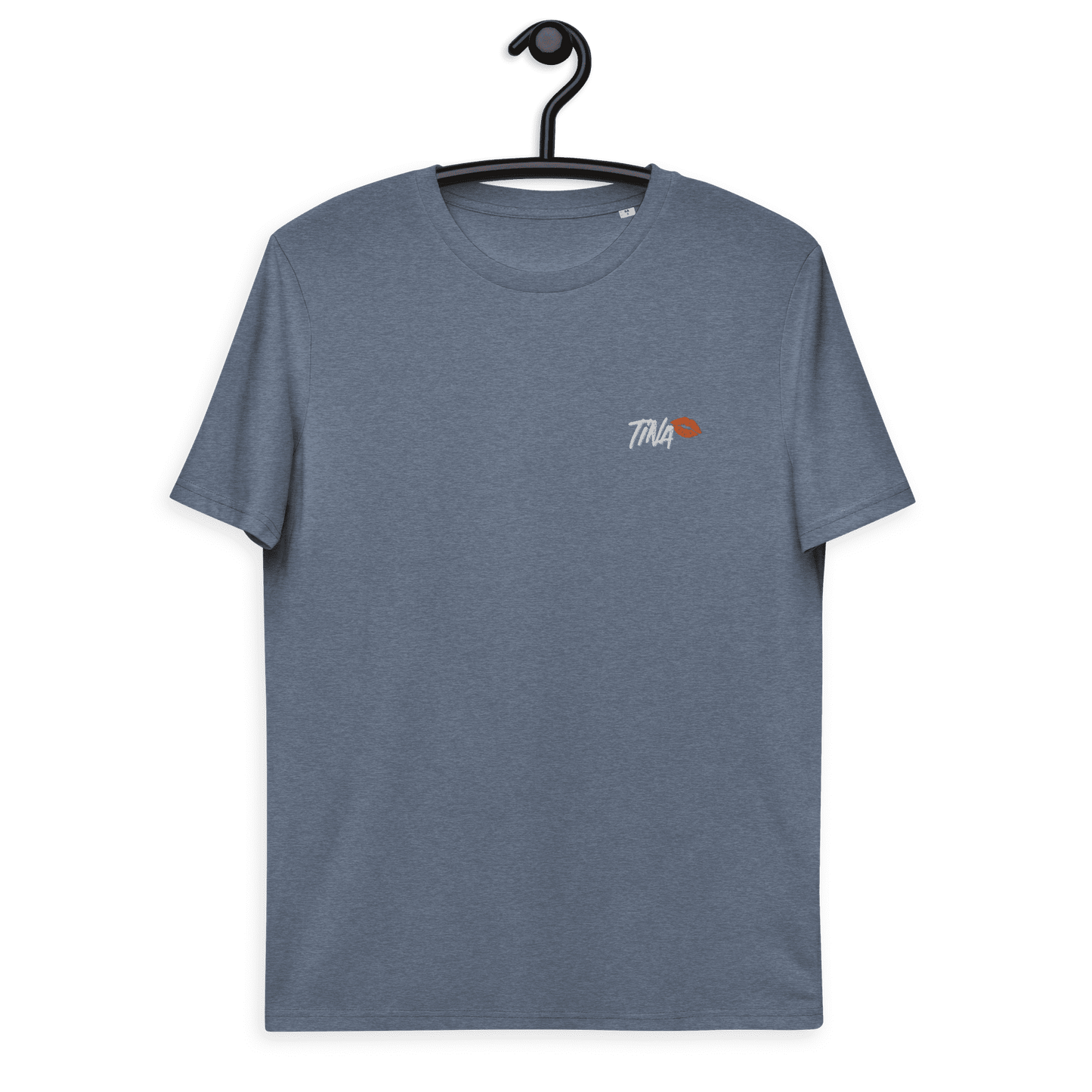 Front view of a dark heather blue embroidered bitcoin t-shirt.