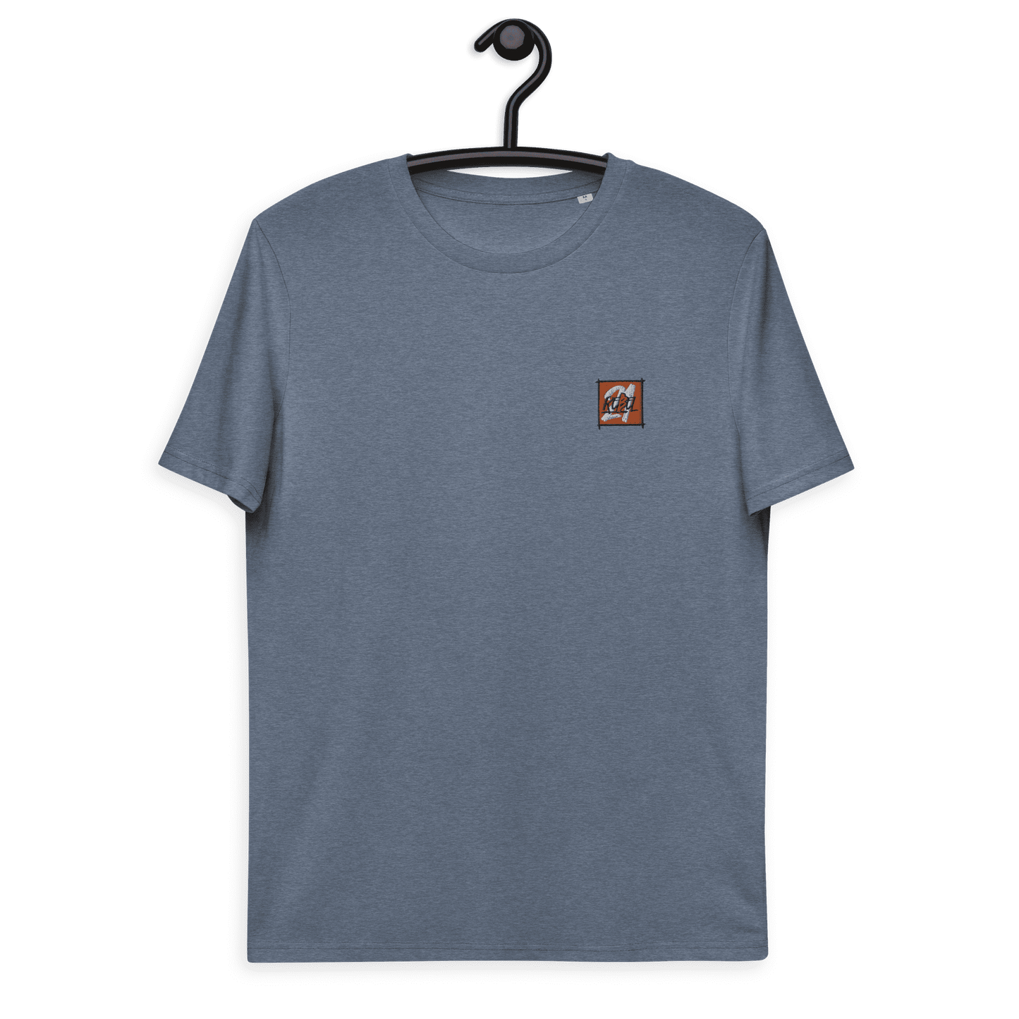 Front view of a dark heather blue embroidered bitcoin t-shirt.