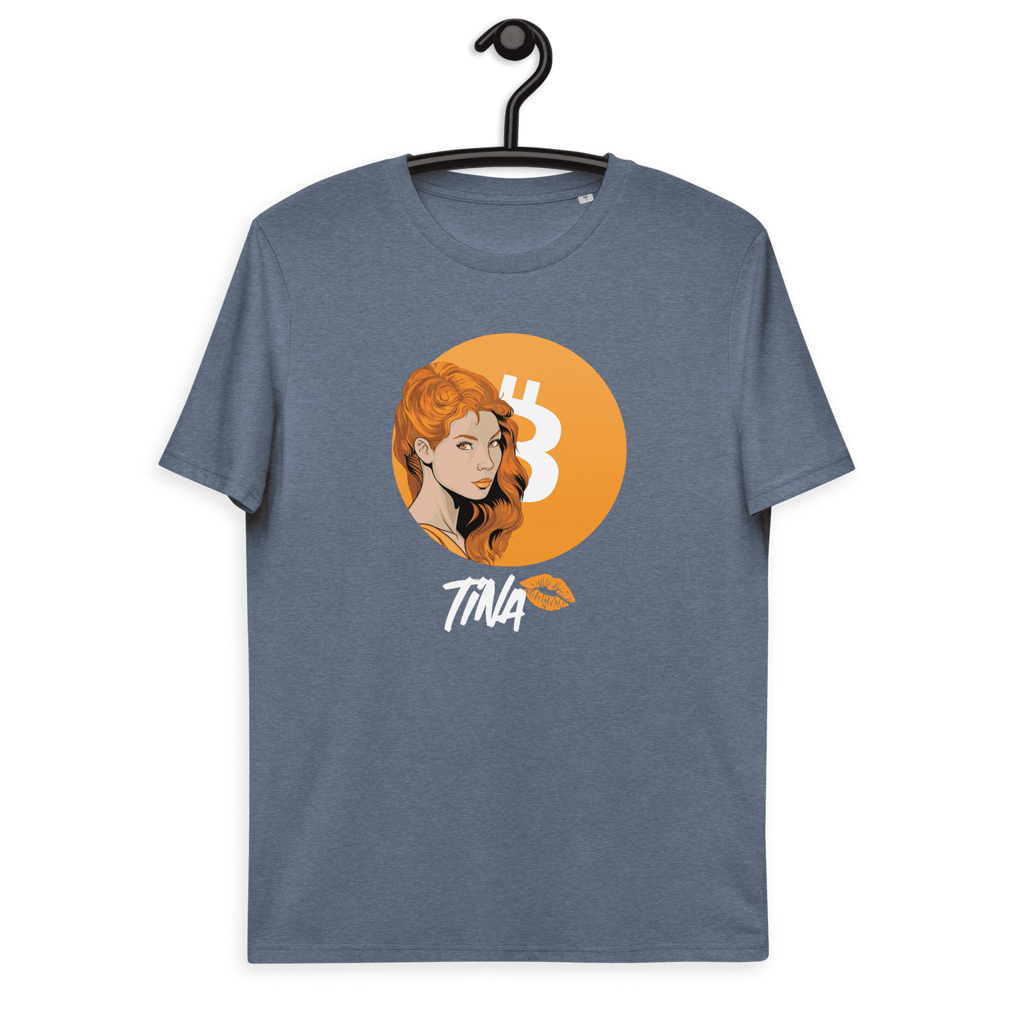 Front view of a heather blue bitcoin t-shirt.