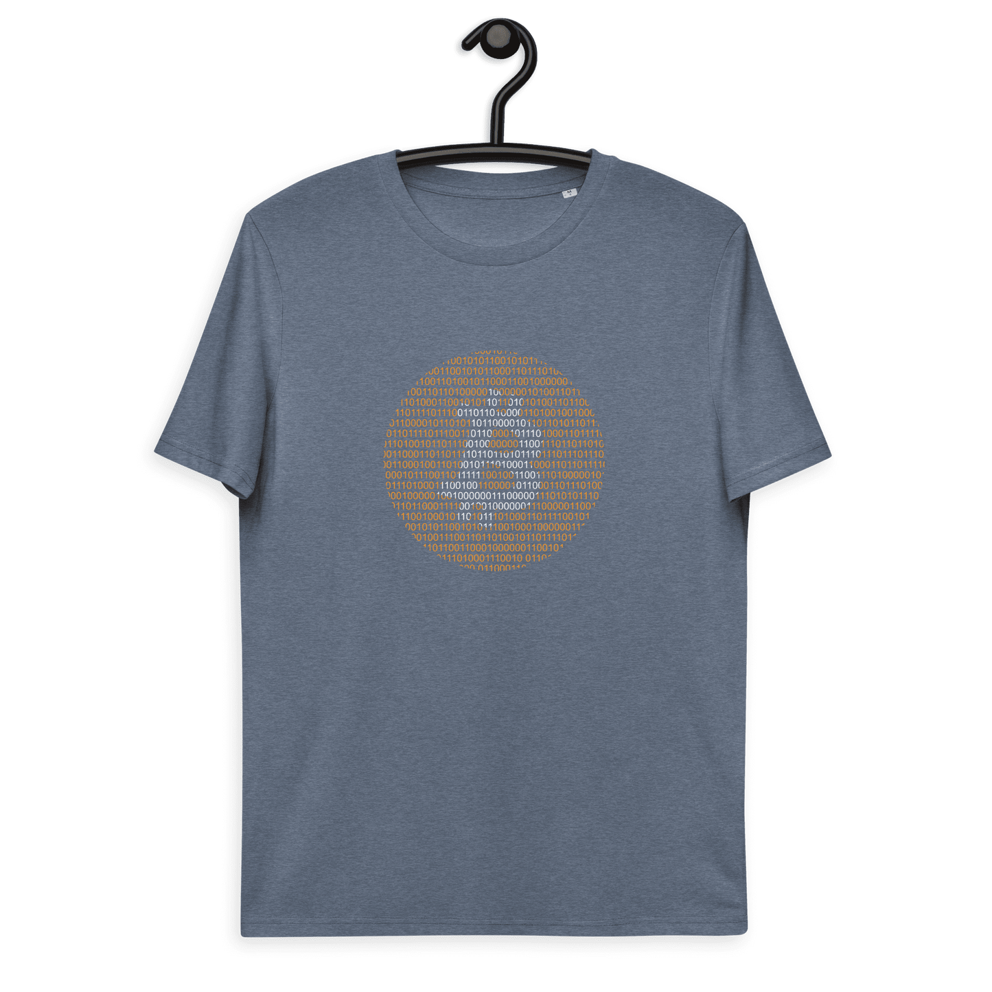 Front view of a heather blue bitcoin t-shirt.