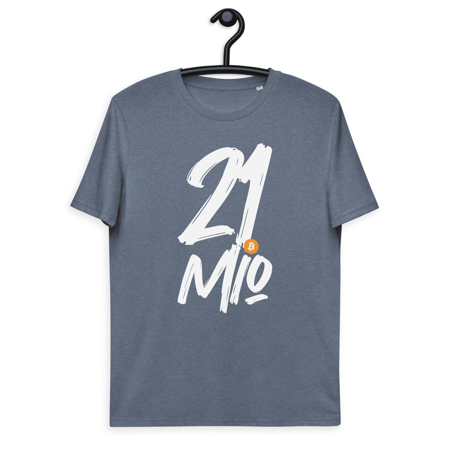 Front view of a heather blue bitcoin t-shirt.