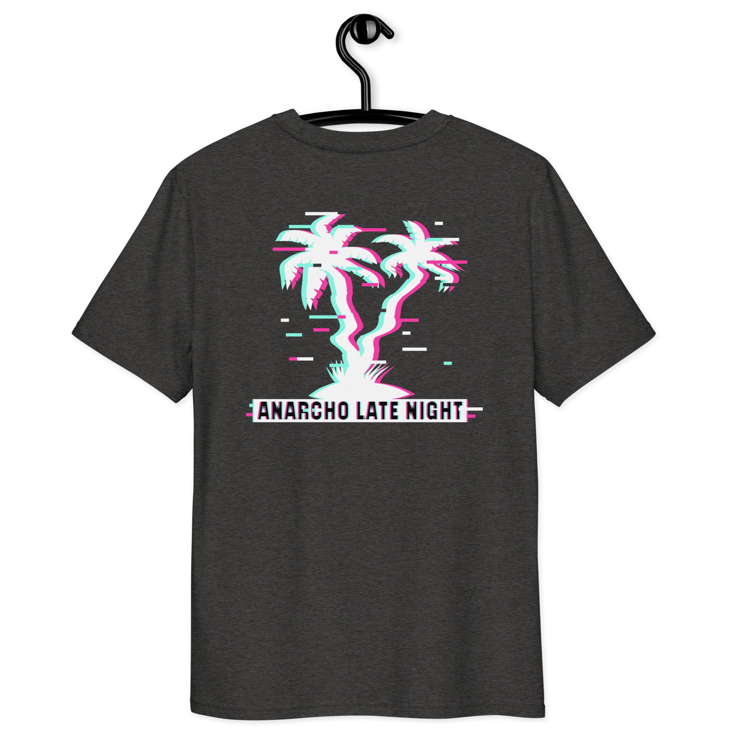 Back view of a dark heather grey aln t-shirt.