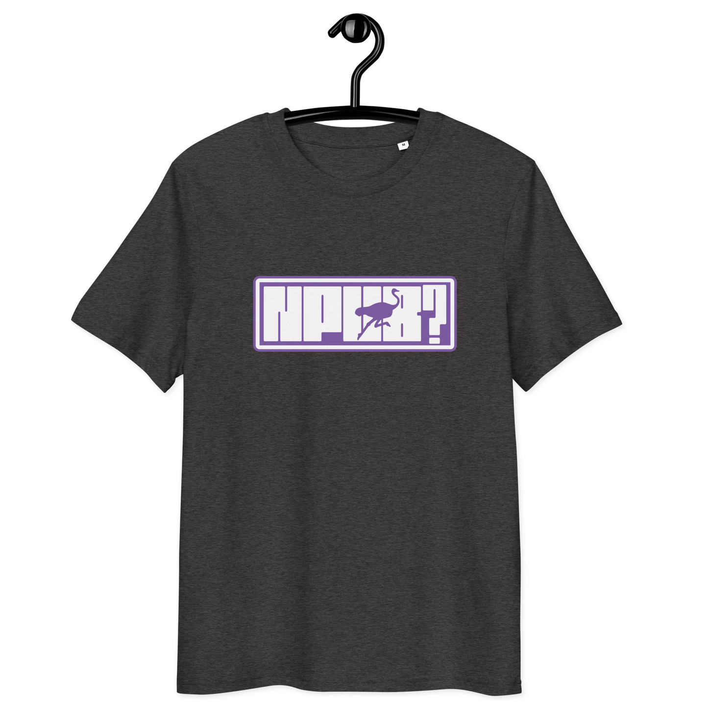 Front view of a dark heather grey bitcoin t-shirt.