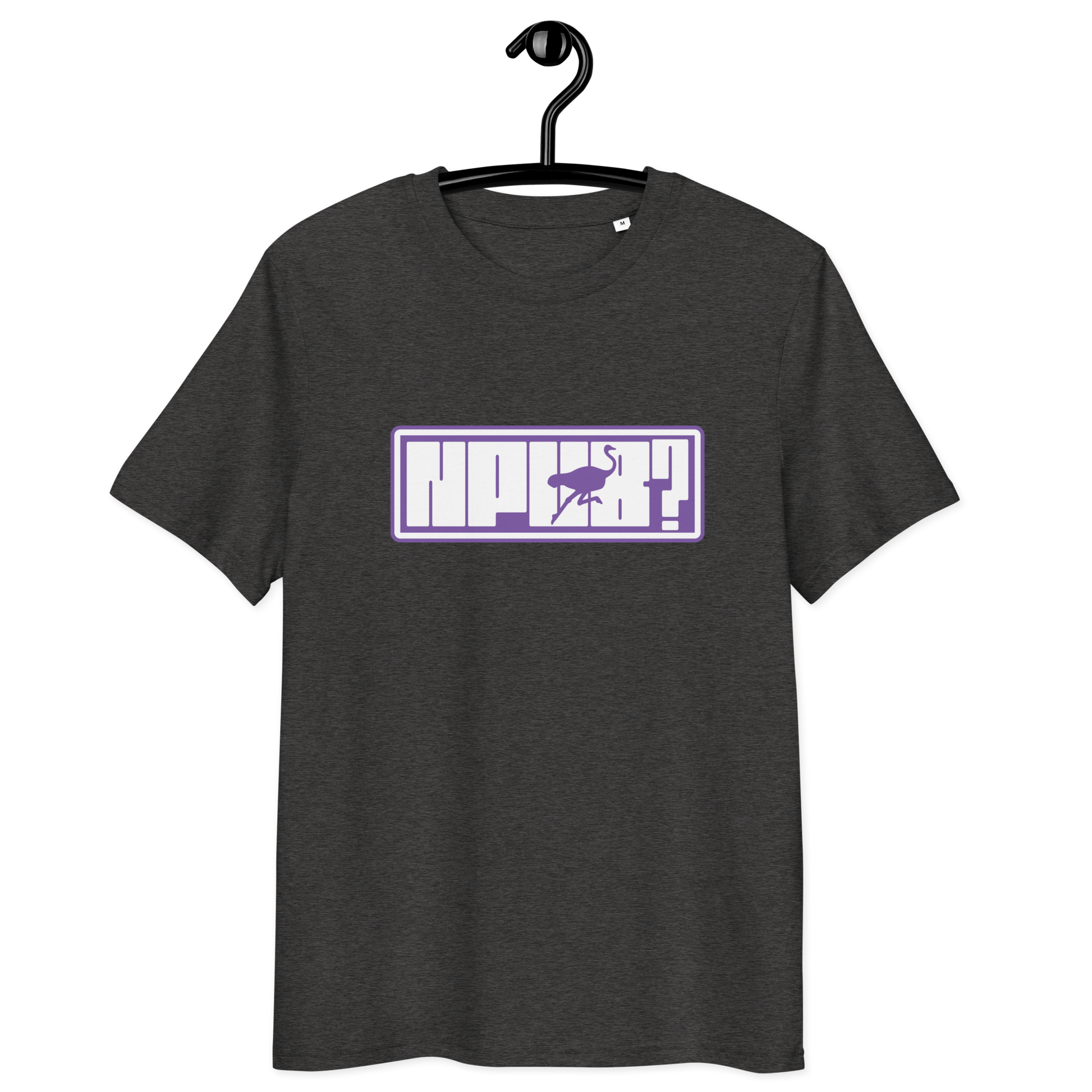 Front view of a dark heather grey bitcoin t-shirt.