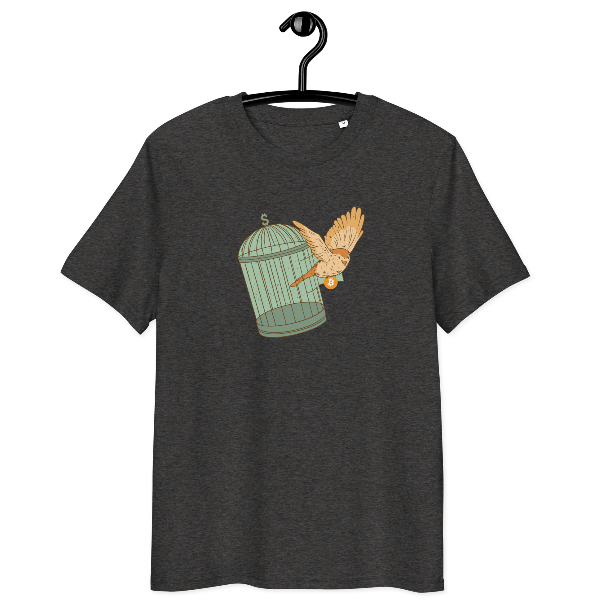 Front view of a dark heather grey bitcoin t-shirt.
