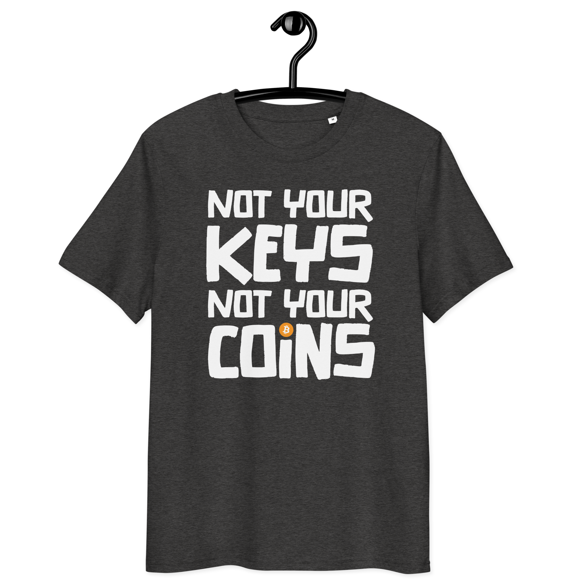 Front view of a dark heather grey bitcoin t-shirt.
