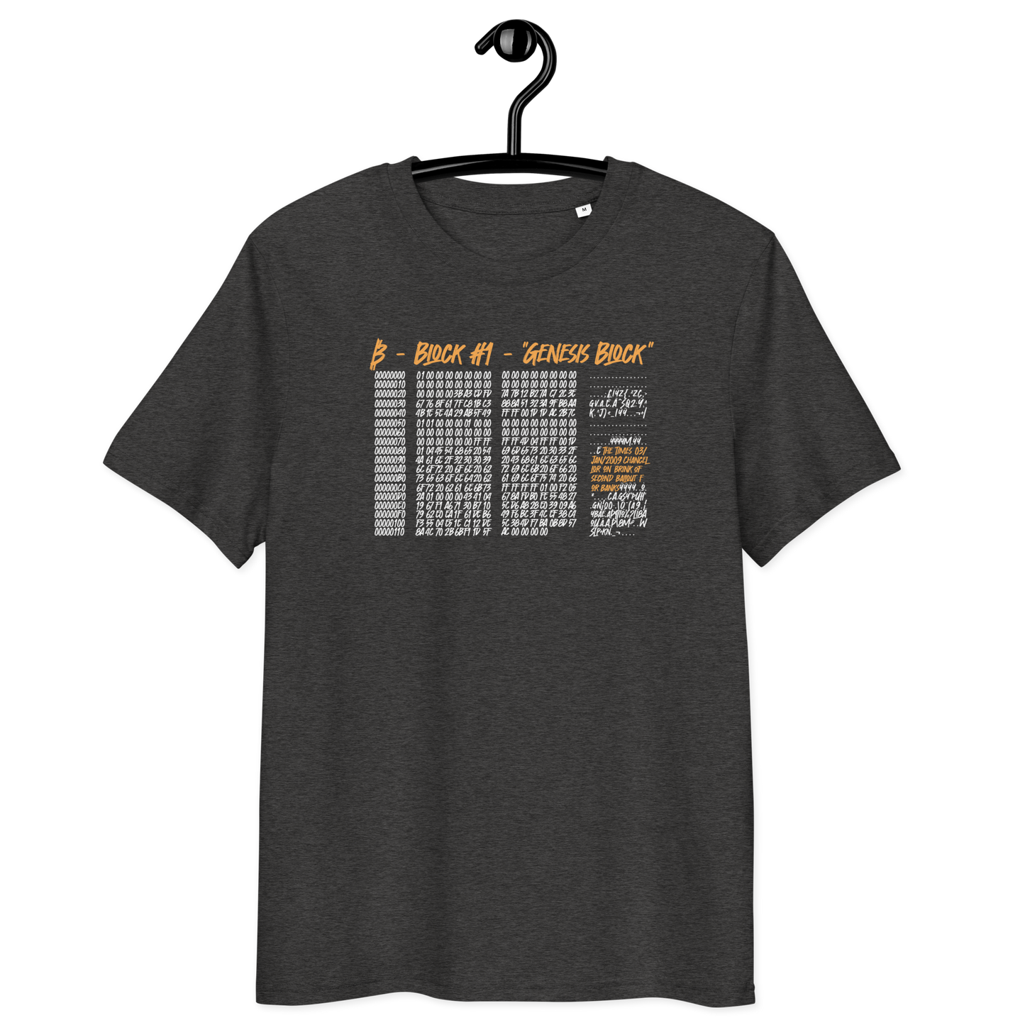 Front view of a dark heather grey bitcoin t-shirt.