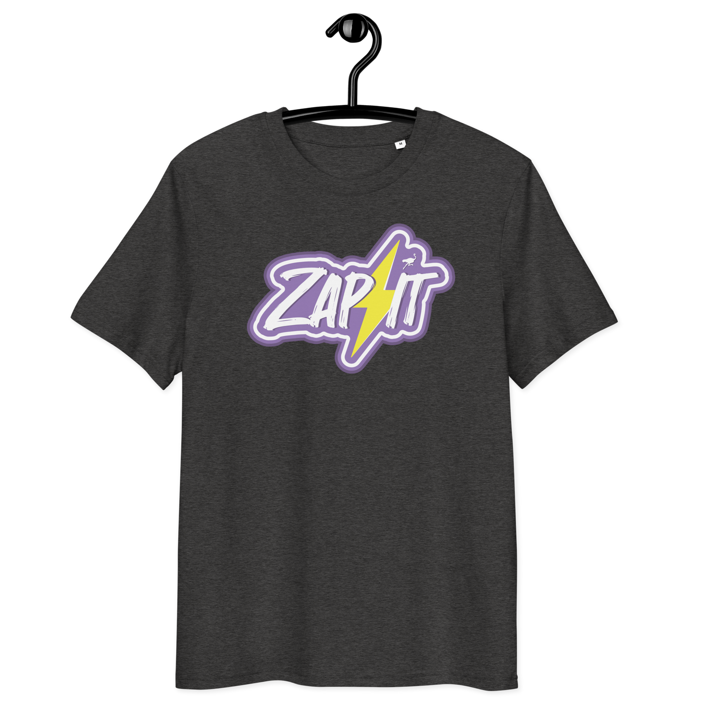 Front view of a dark heather grey bitcoin t-shirt.