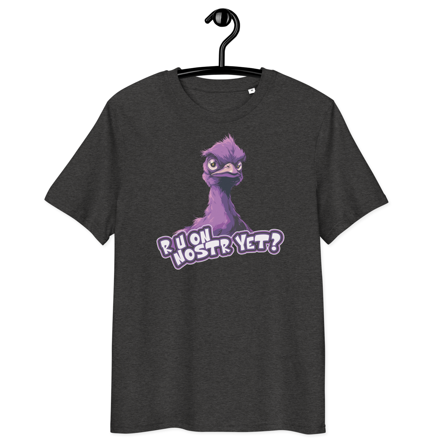 Front view of a dark heather grey bitcoin t-shirt.