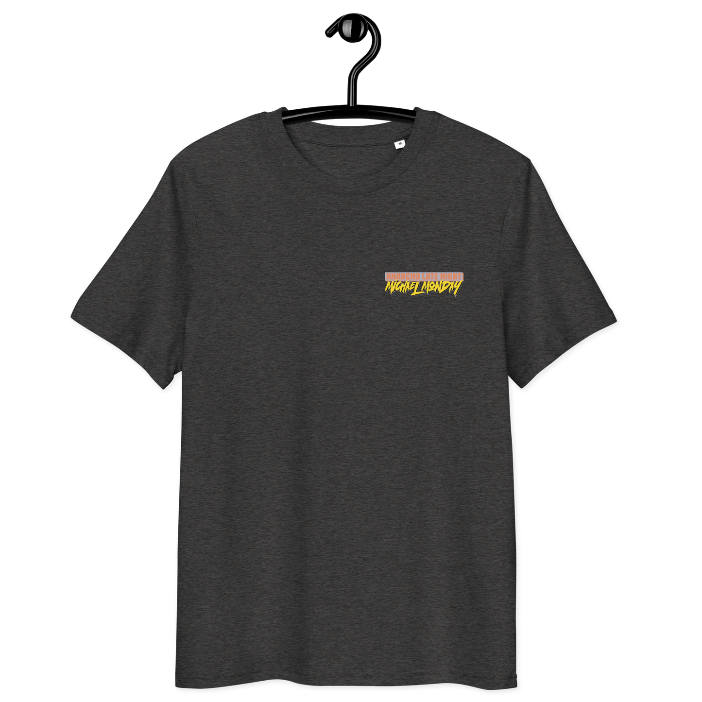 Front view of a dark heather grey aln t-shirt.