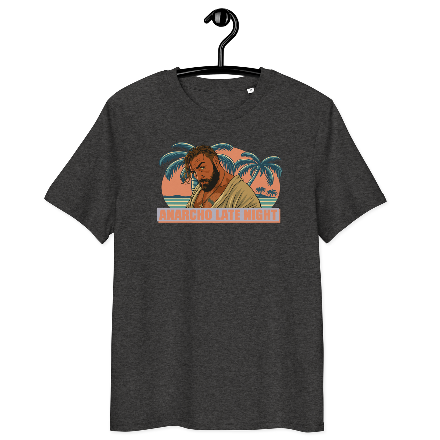 Front view of a dark heather grey aln t-shirt.