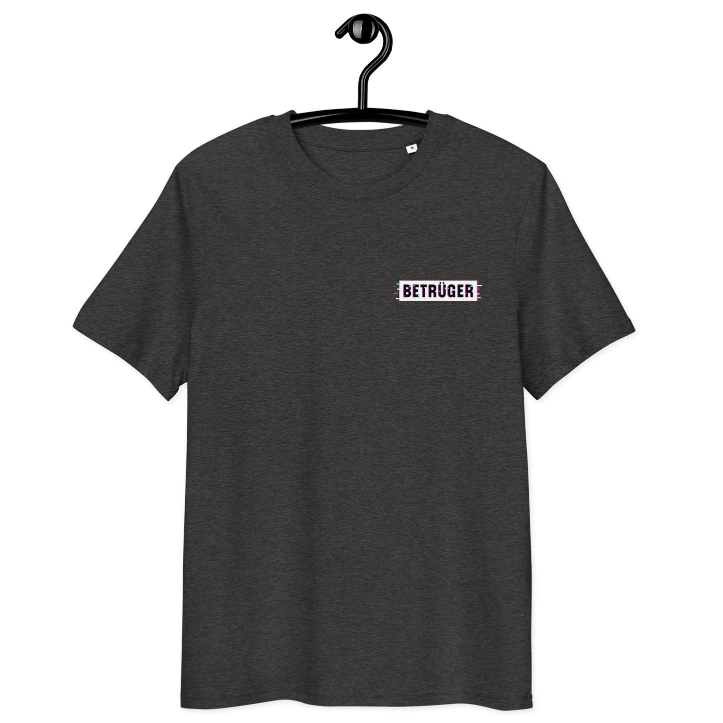 Front view of a dark heather grey aln t-shirt.