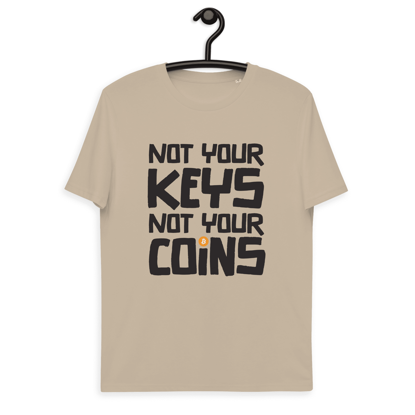 Front view of a dersert dust colored bitcoin t-shirt.