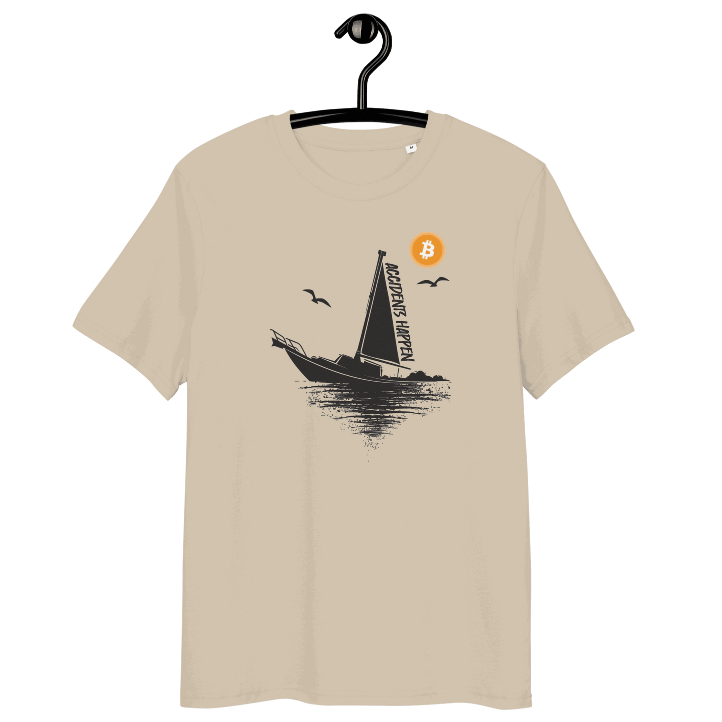Organic cotton bitcoin t-shirt with boat accident meme and multiple eco-friendly certifications