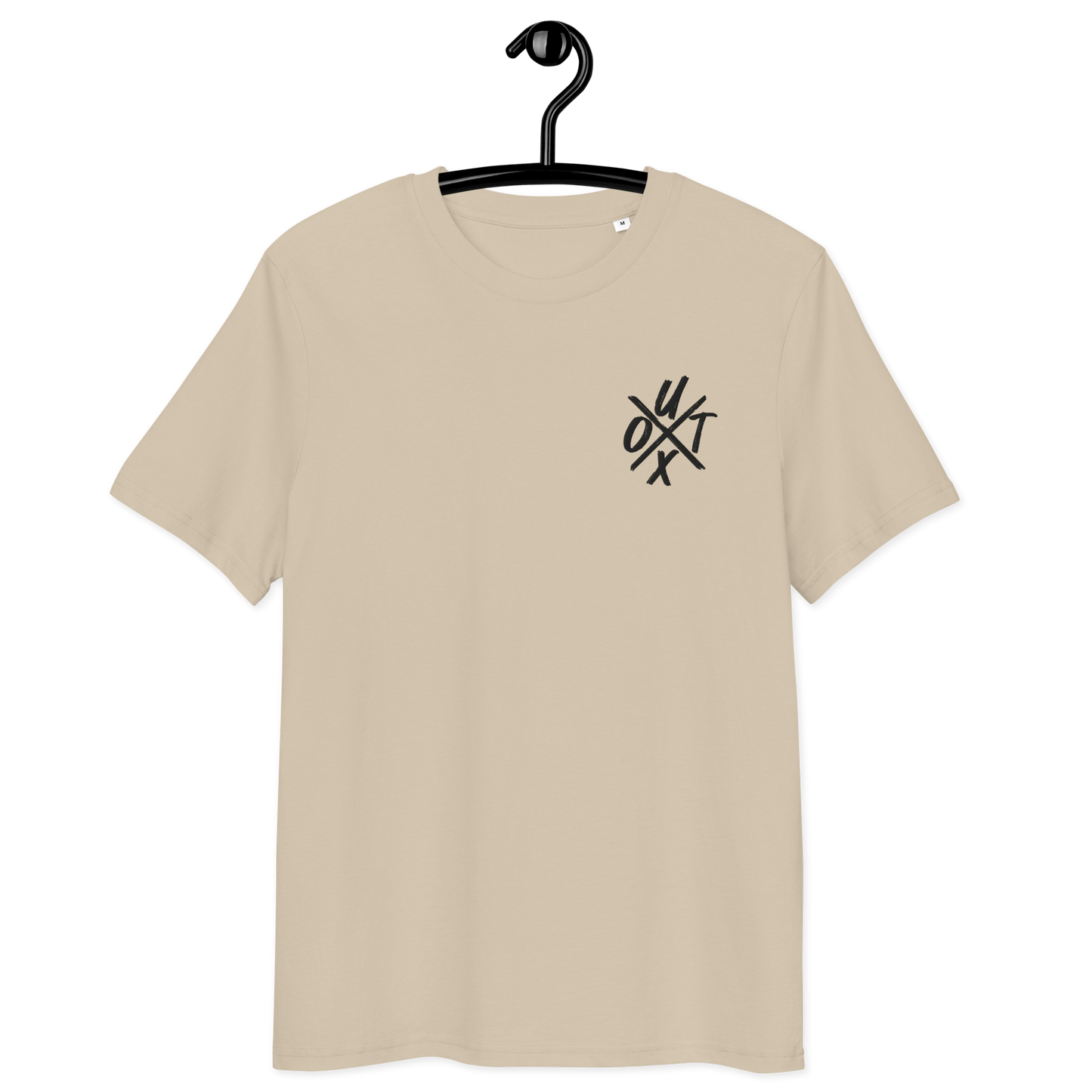 Front view of a desert dust colored embroidered bitcoin t-shirt.