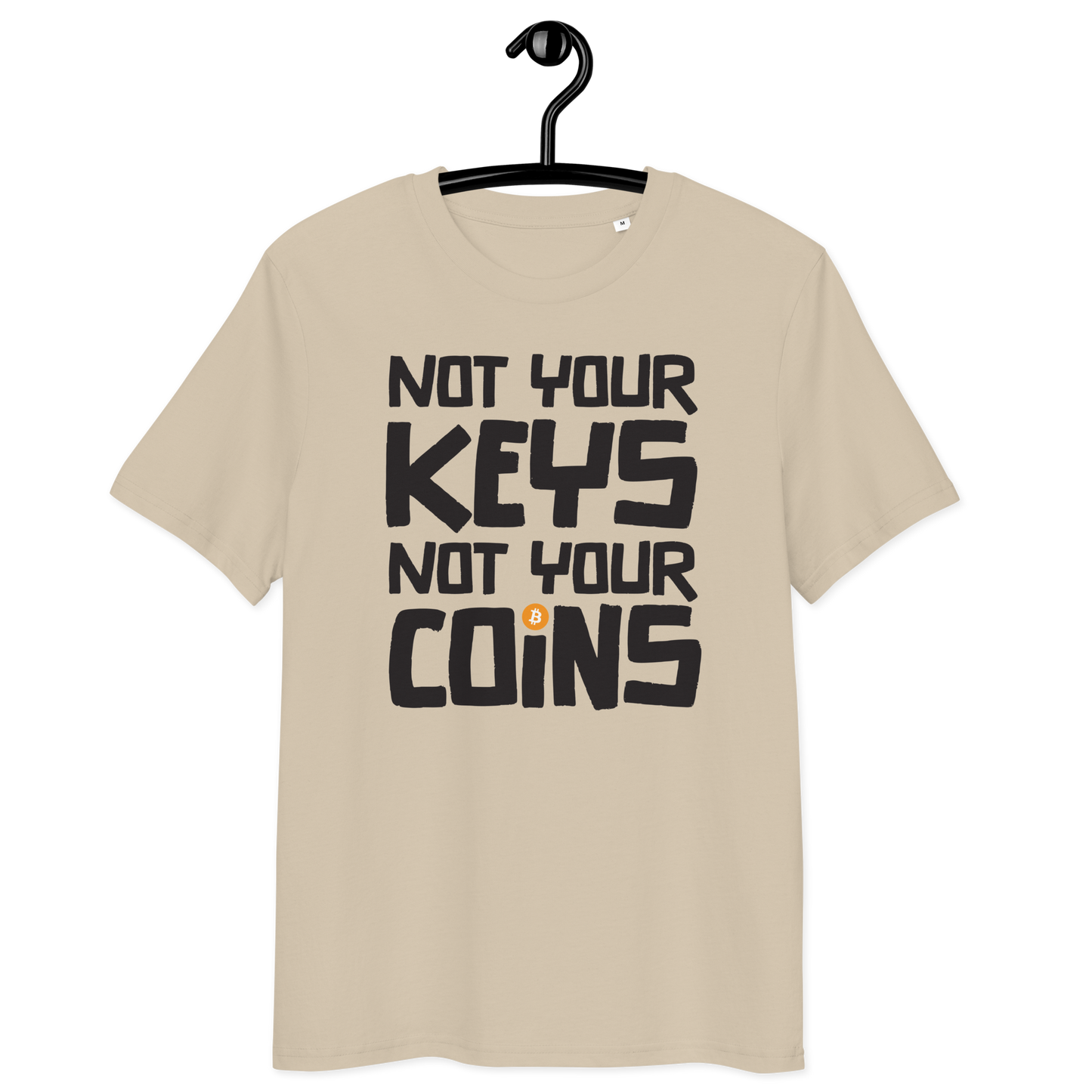 Front view of a dersert dust colored bitcoin t-shirt.