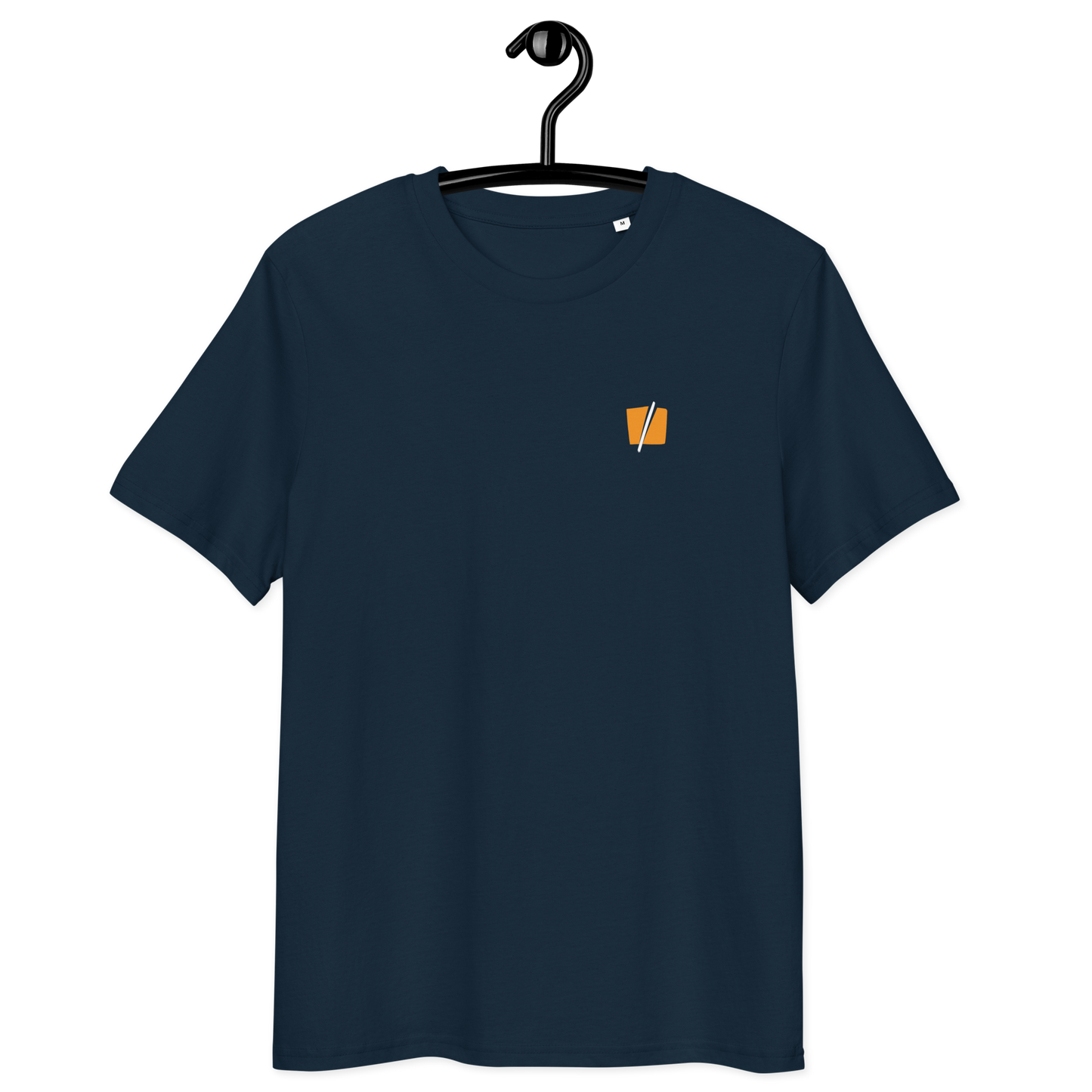 Front view of a navy colored bitcoin t-shirt.