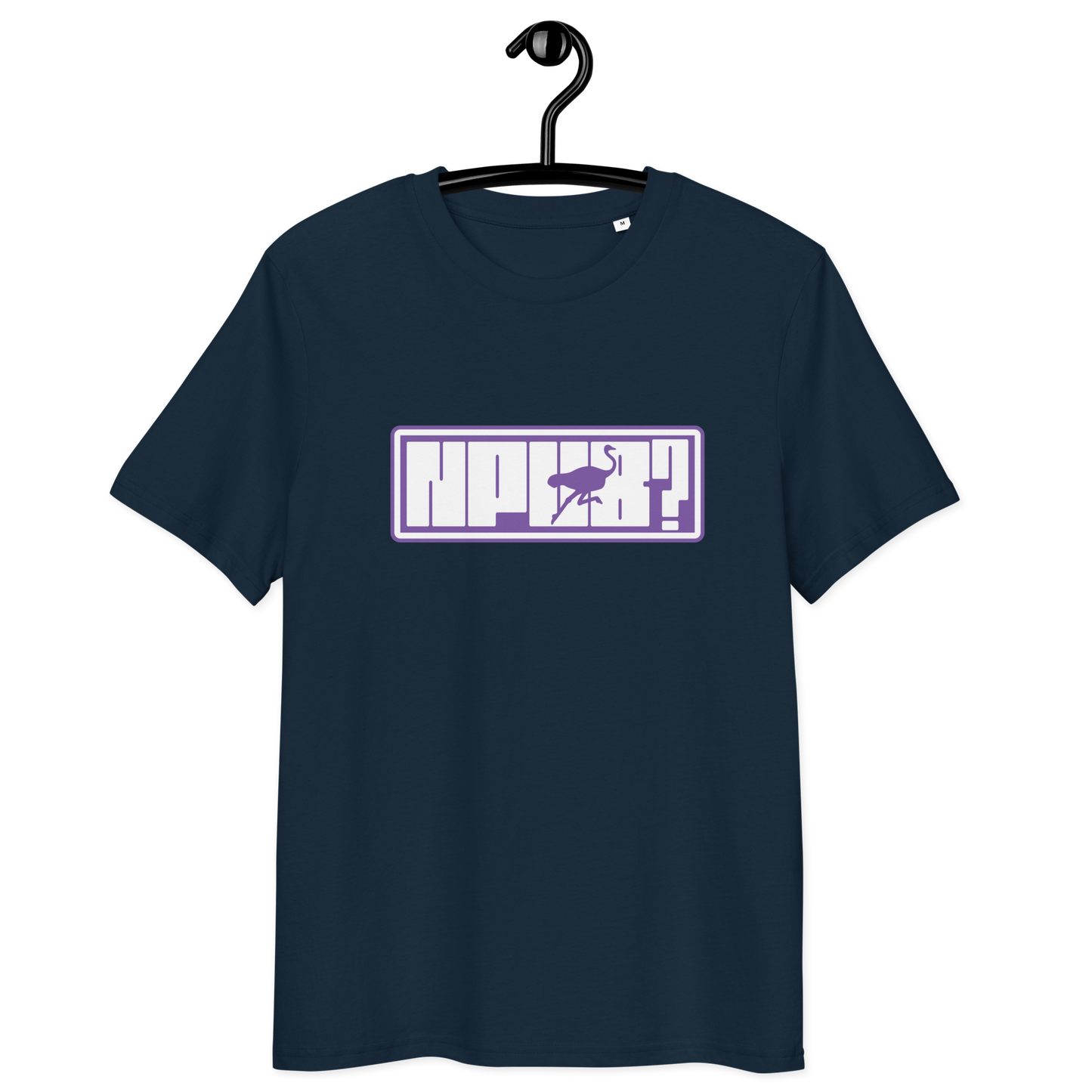 Front view of a navy colored bitcoin t-shirt.