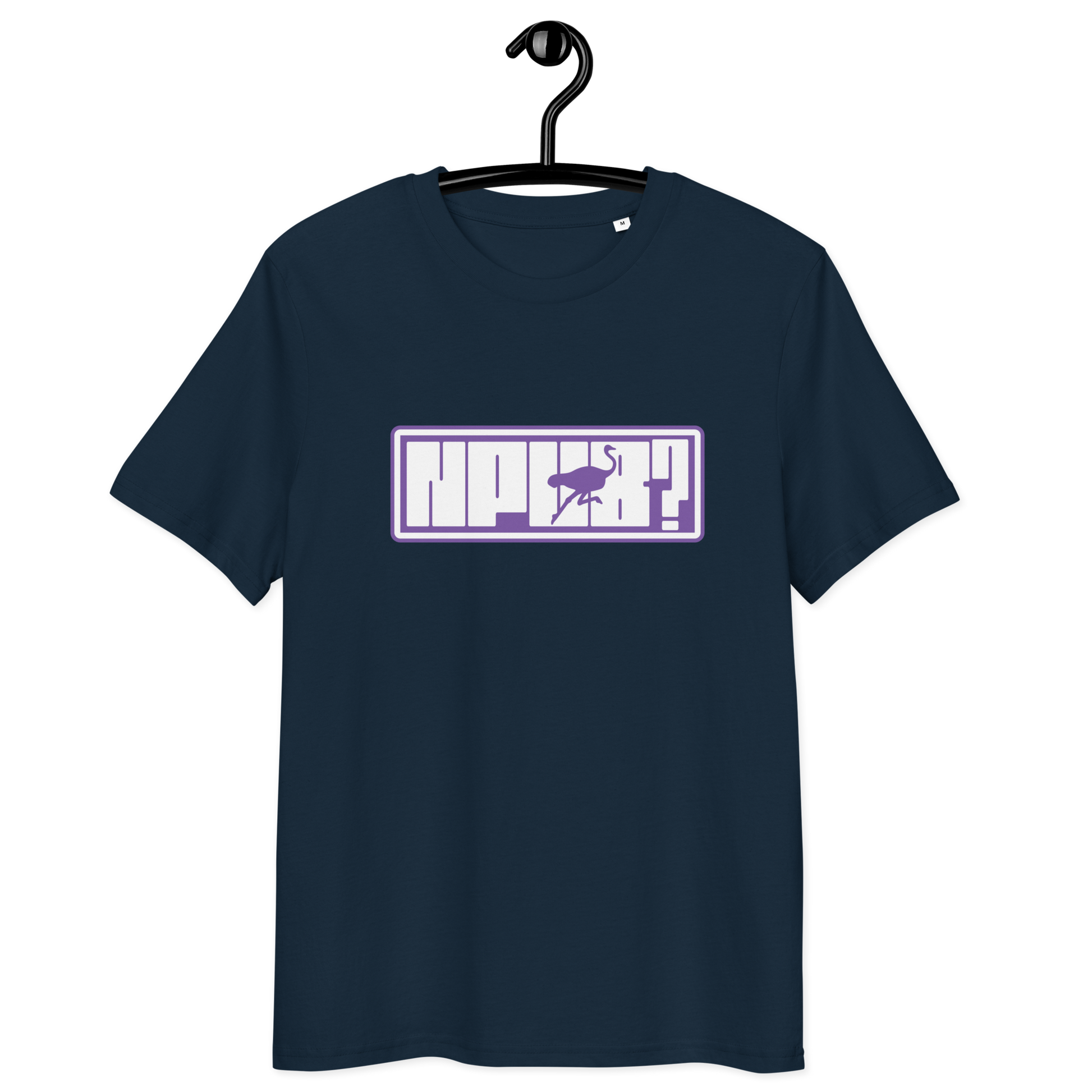 Front view of a navy colored bitcoin t-shirt.