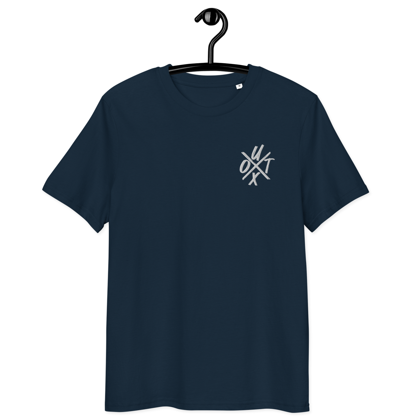 Front view of a navy colored embroidered bitcoin t-shirt.
