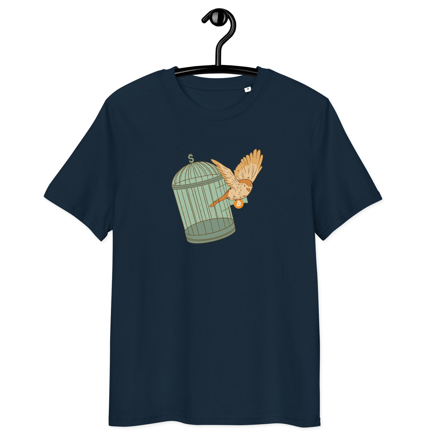 Front view of a navy colored bitcoin t-shirt.