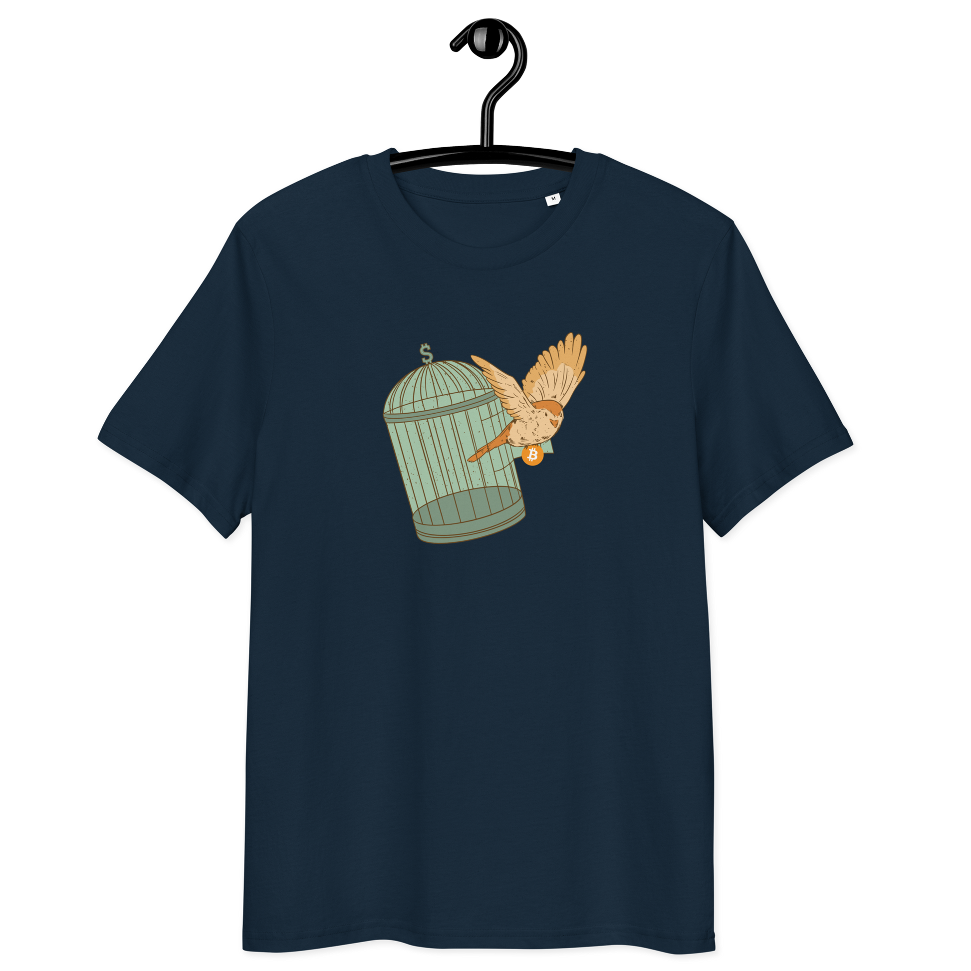 Front view of a navy colored bitcoin t-shirt.