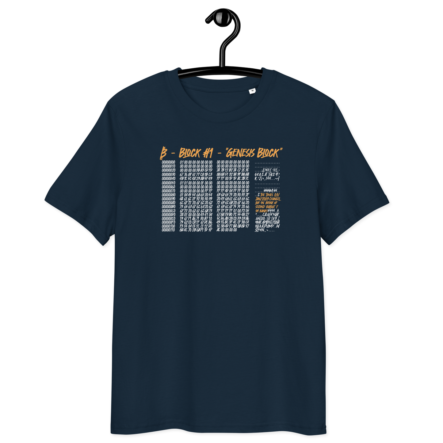 Front view of a navy colored bitcoin t-shirt.