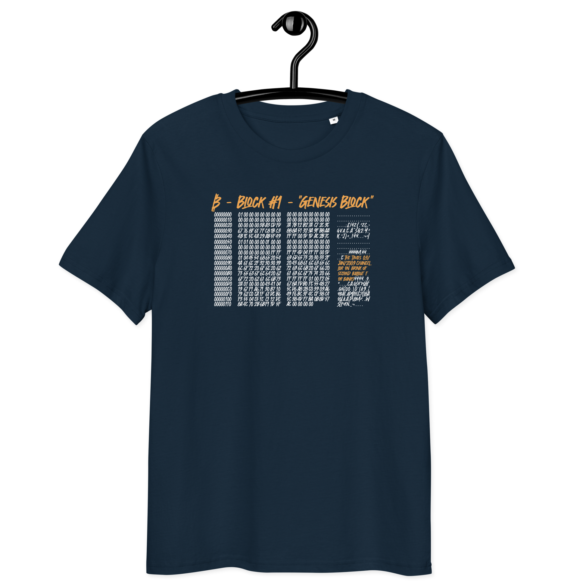 Front view of a navy colored bitcoin t-shirt.