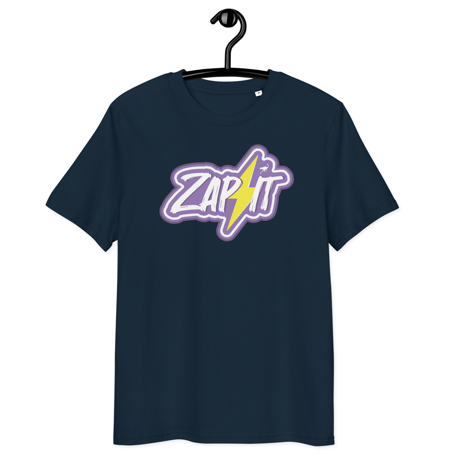 Front view of a navy colored bitcoin t-shirt.