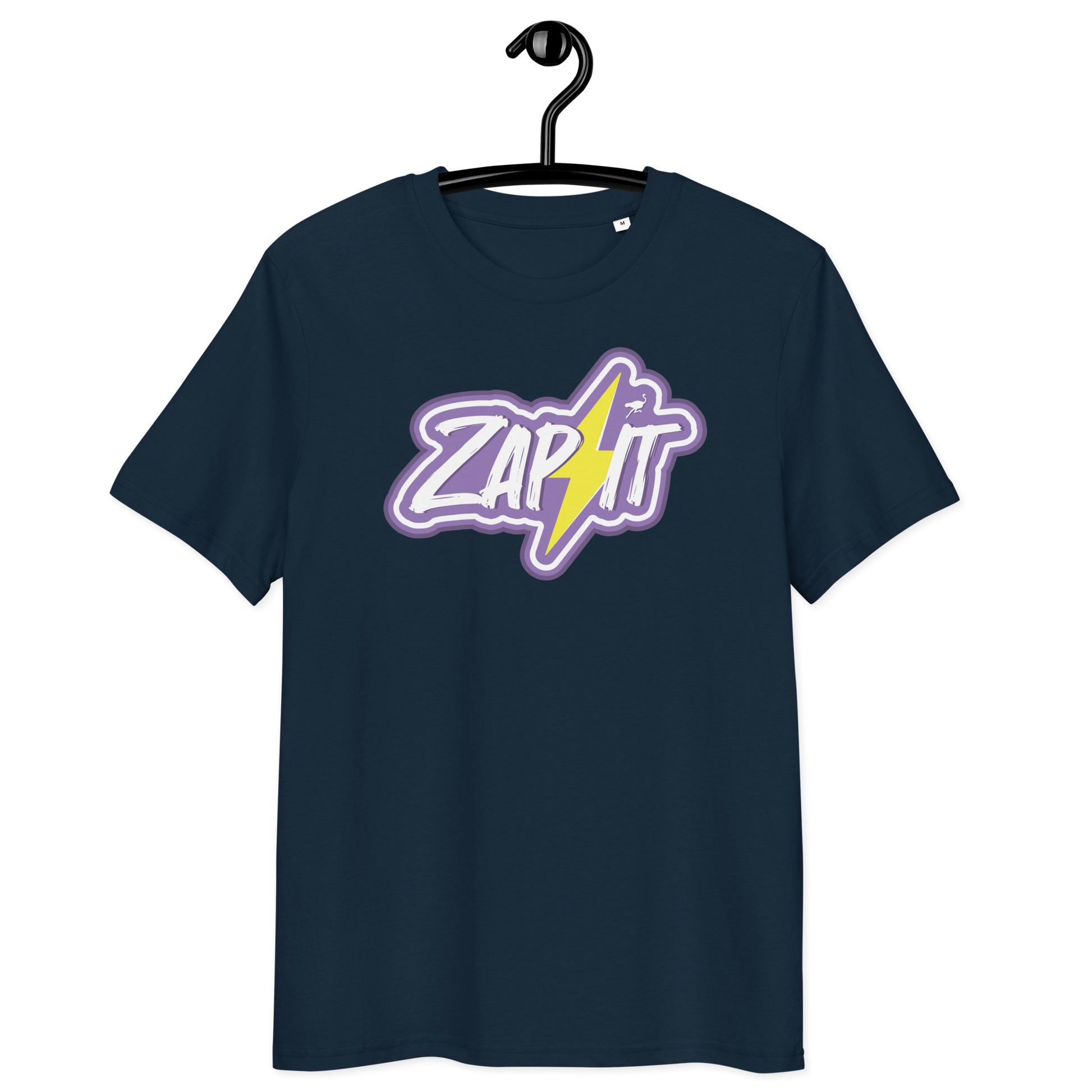 Front view of a navy colored bitcoin t-shirt.