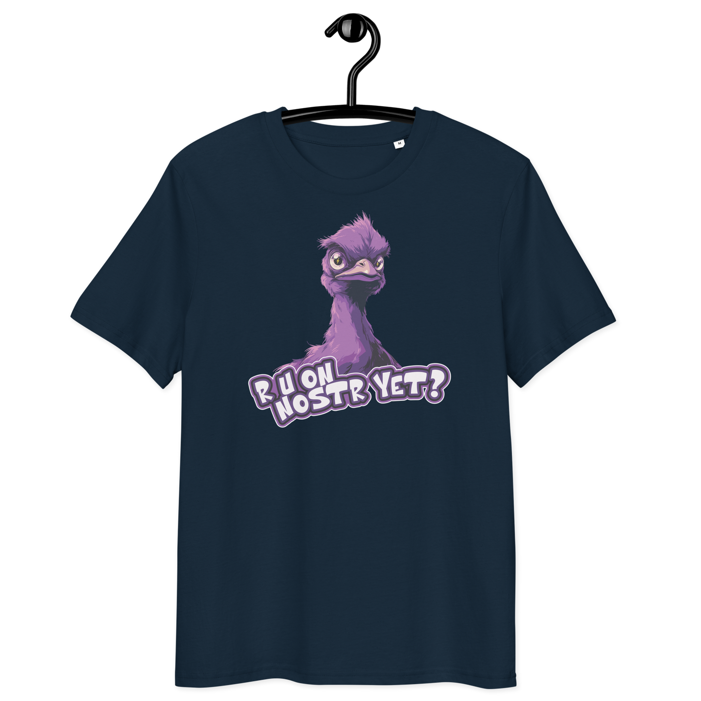 Front view of a navy colored bitcoin t-shirt.