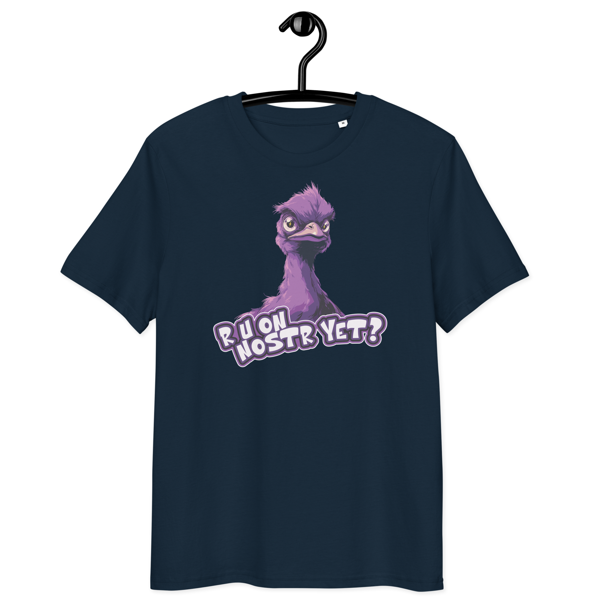 Front view of a navy colored bitcoin t-shirt.