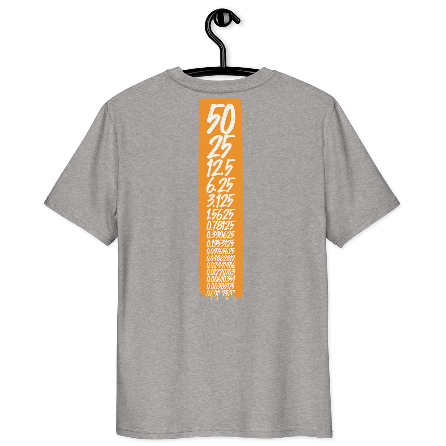 Back view of a heather grey bitcoin t-shirt.