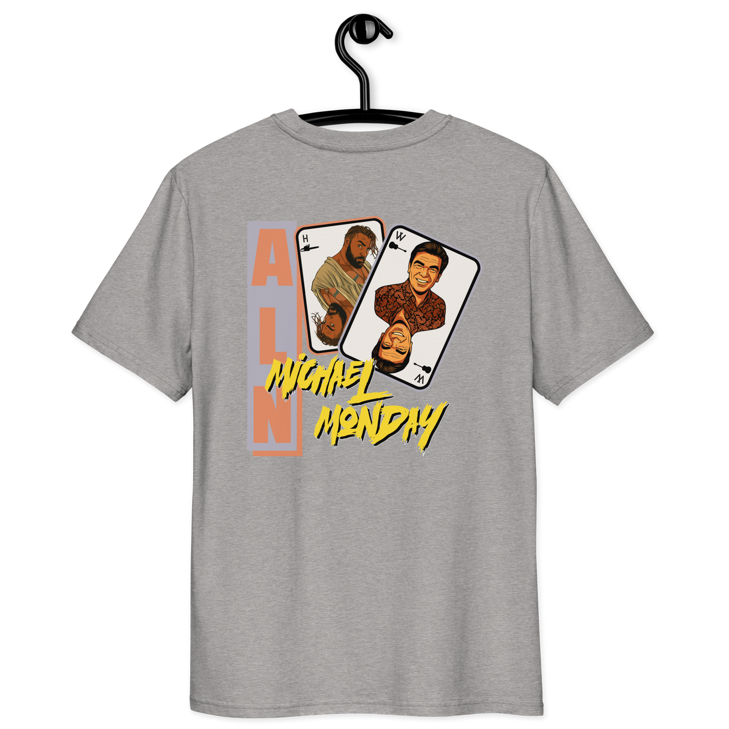 Back view of a heather grey aln t-shirt.