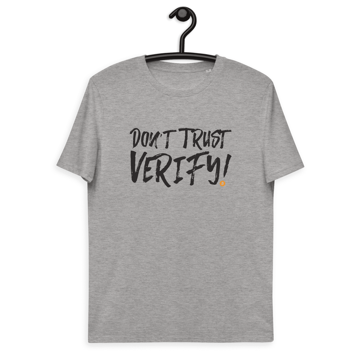 Front view of a heather grey bitcoin t-shirt.