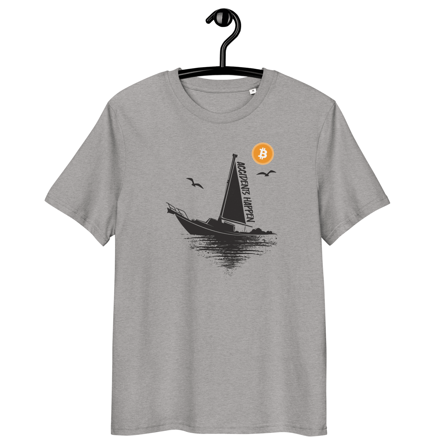 Organic cotton bitcoin t-shirt with boat accident meme and eco-friendly certification logos