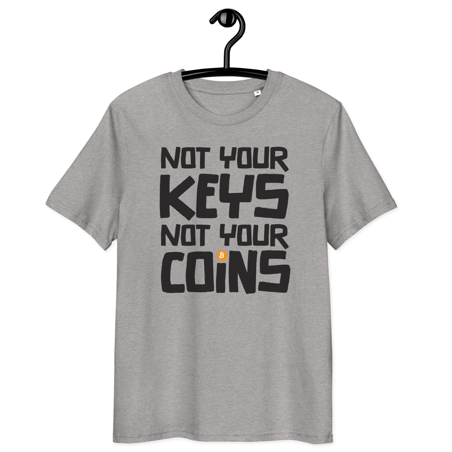 Front view of a heather grey bitcoin t-shirt.