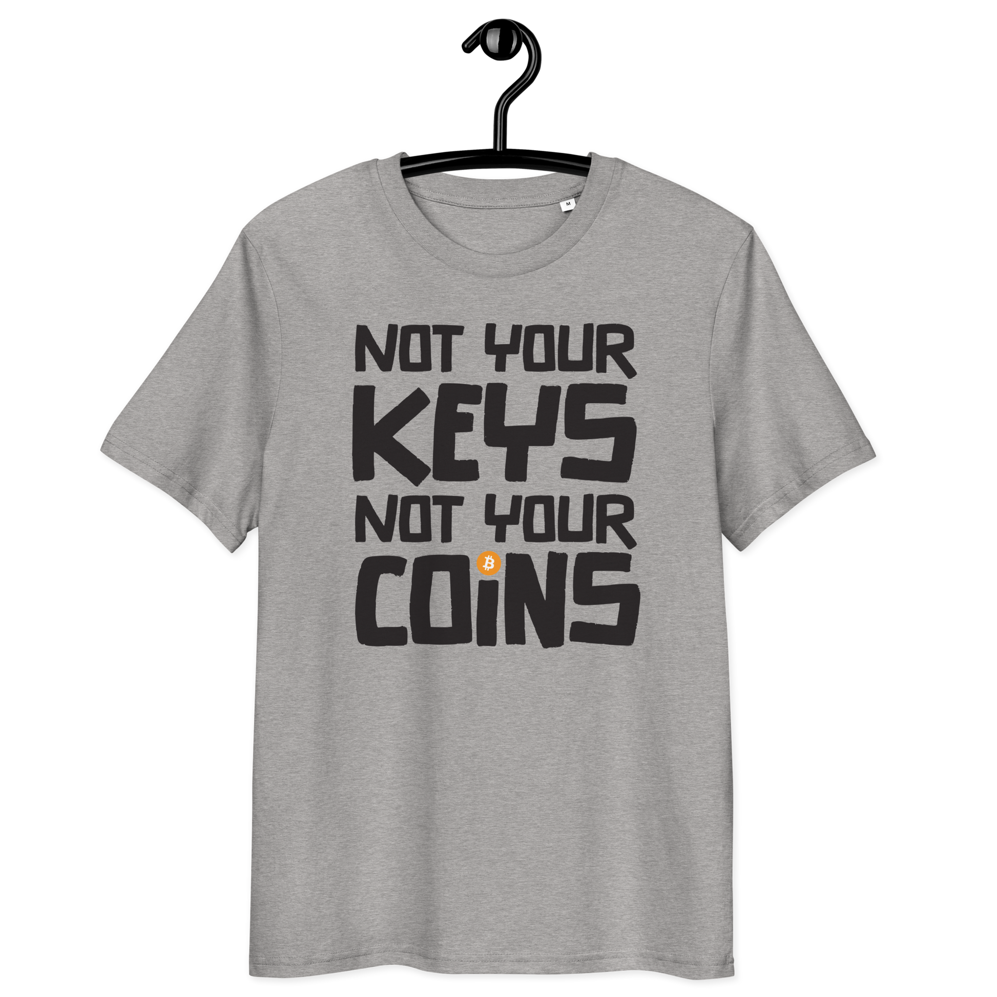 Front view of a heather grey bitcoin t-shirt.