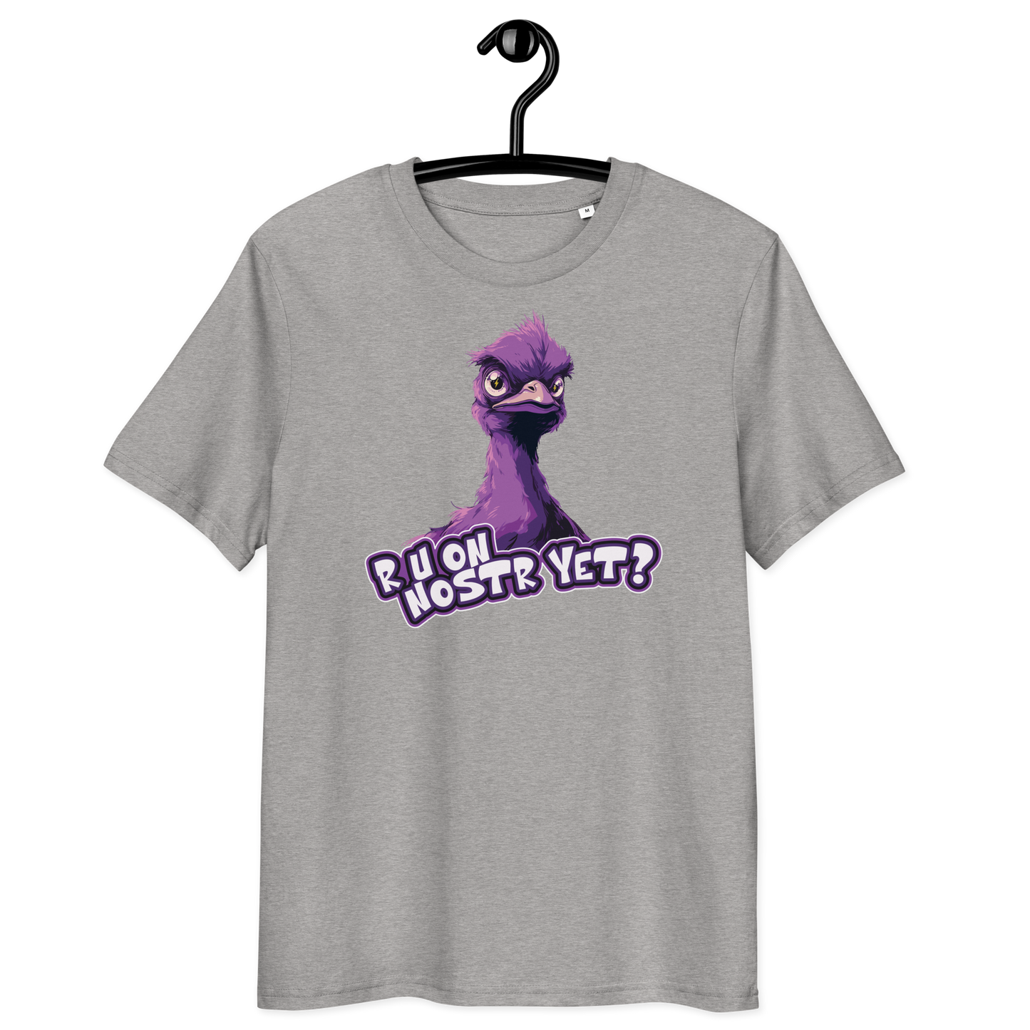 Front view of a heather grey bitcoin t-shirt.