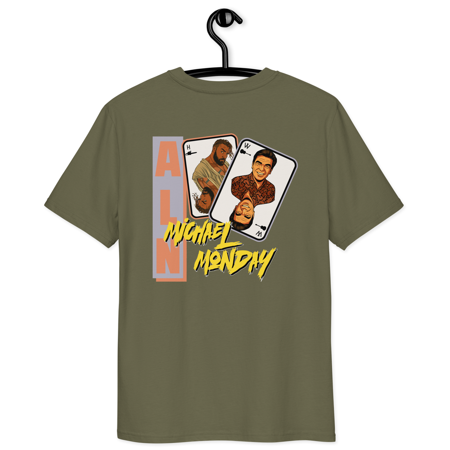 Back view of a khaki aln t-shirt.