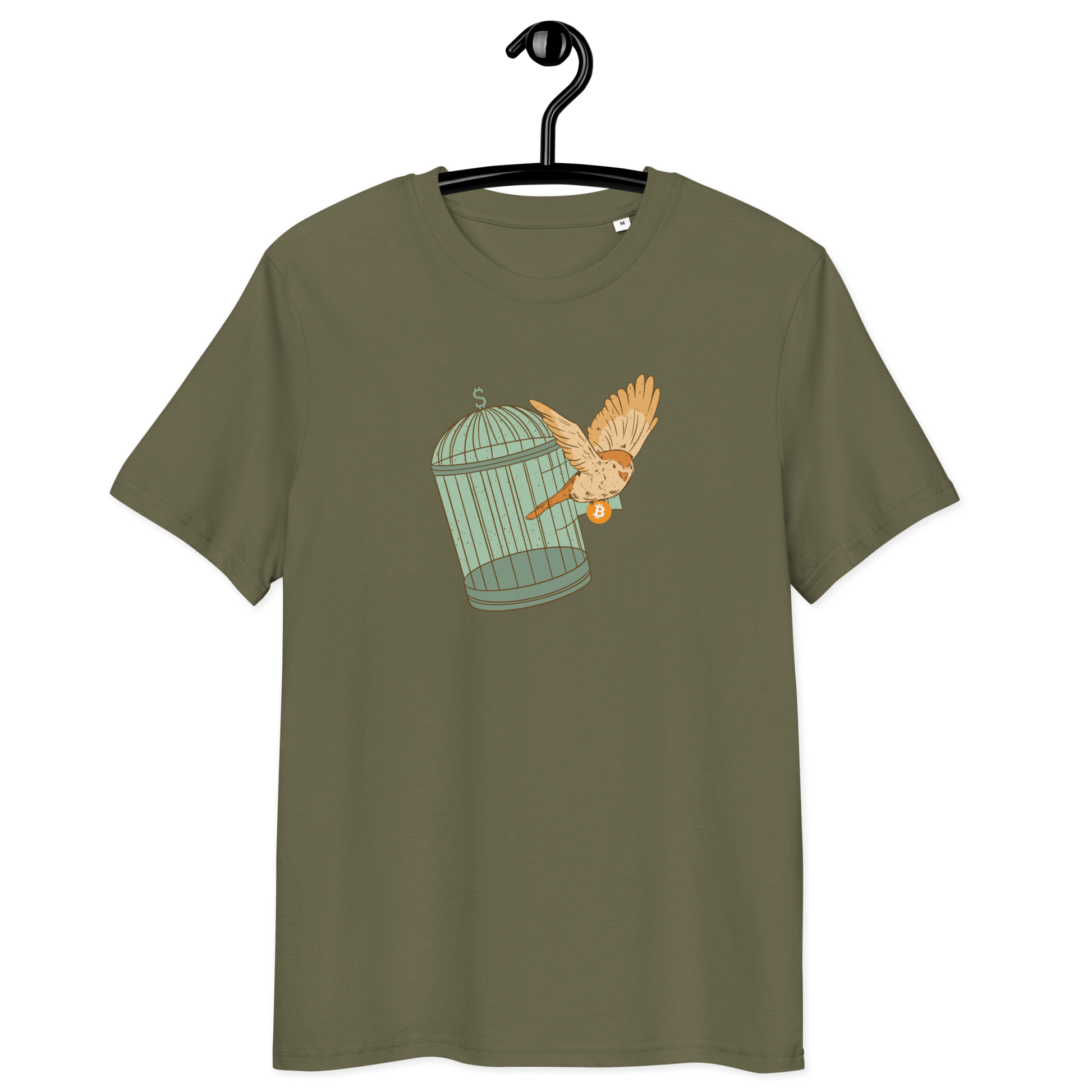 Front view of a khaki bitcoin t-shirt.
