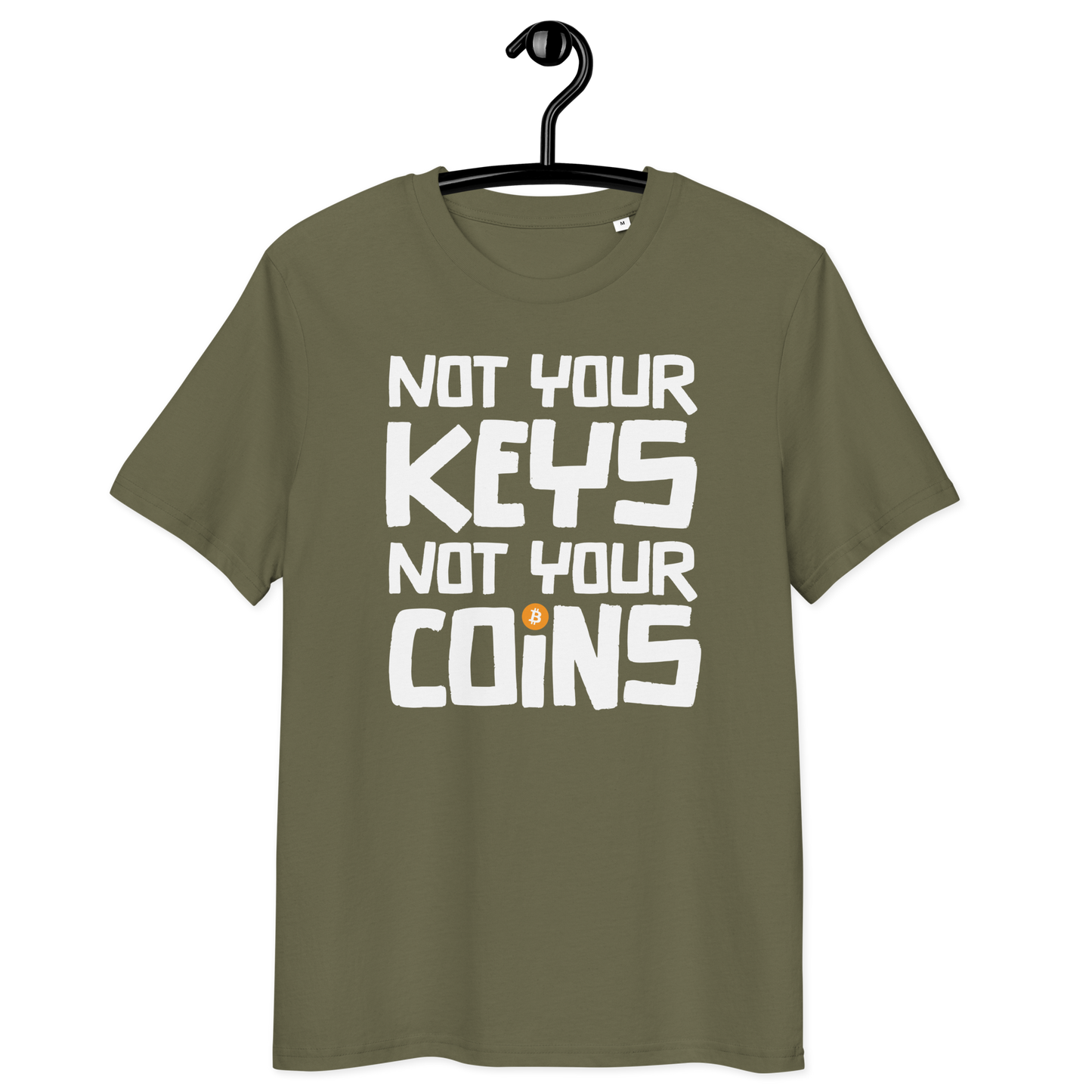Front view of a khaki bitcoin t-shirt.